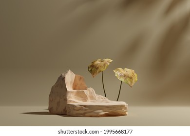 3d Render Exotic Stone Podium With Dried Leaves In Nude Color For Product Display. Natural, Organic Product, Cosmetic, Skin Care, Perfume, Etc. Platform, Base, Stage.