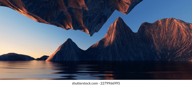 3d render, fantasy landscape panorama with mountains reflecting in the water. Abstract background. Spiritual zen wallpaper with skyline - Shutterstock ID 2279966995