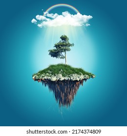 3D render of a floating island with cloud and rainbow