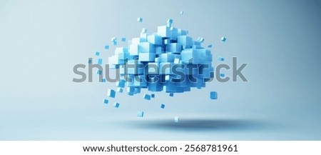 3D render of a flying cloud made from cubes with data inside, on a light background