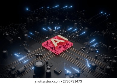 3D render of a futuristic AI processor glowing on a dark circuit board. Gold AI lettering sits on a red translucent chip with blue data light trails, symbolizing machine learning and computing.