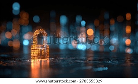 A 3D render of a glowing digital padlock symbol, representing cybersecurity and data protection, set against a blurred, futuristic city background with vibrant bokeh lights.