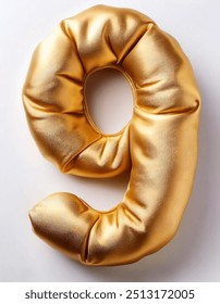 3D Render of Gold inflatable foil balloons set. Bright party decoration figures. Glossy black numbers isolated on white background. Number 9