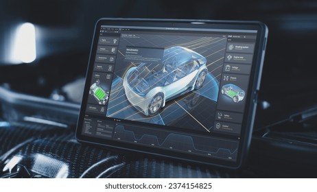 3D render of graphical user interface of professional software for eco-friendly car developing. Program for car diagnostic or testing with 3D virtual electric vehicle prototype. Computer screen view. - Powered by Shutterstock