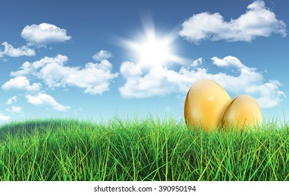 3D render of a grassy landscape with golden Easter eggs against a blue sky with fluffy white clouds - Powered by Shutterstock