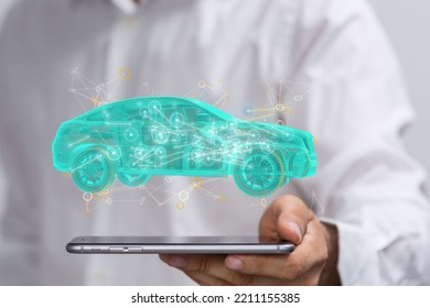 A 3D Render Of A Holographic Car Above A Tablet