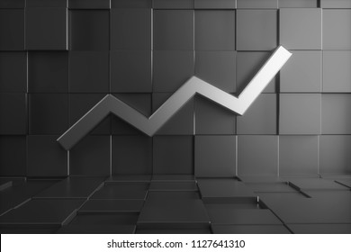 3d render huge metal graph moving up on the wall. Abstract room made of black glossy sharp cubes.