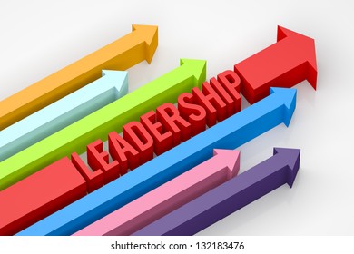 3d render illustration of leadership word block with arrows.