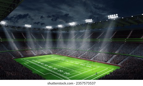 Imagen representativa en 3D del estadio de fútbol americano con césped verde y fanáticos borrosos en el patio de recreo. Vista superior. Concepto de deporte al aire libre, actividad, fútbol, campeonato, partido, espacio de juego