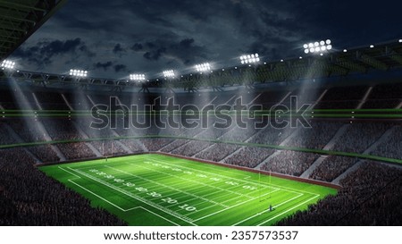 3D render image of american football stadium with green grass field and blurred fans at playground. Top view. Concept of outdoot sport, activity, football, championship, match, game space