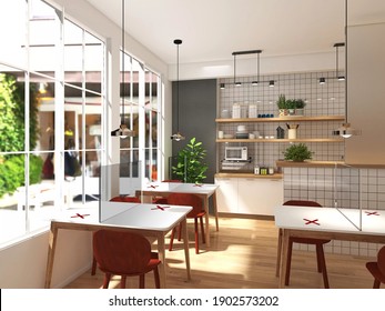 3D render image of a beautiful re-opening cafeteria under restrictions by limit seating capacity for social distancing with x mark on disallowing seat, clear acrylic sneeze guard partition. New normal - Shutterstock ID 1902573202
