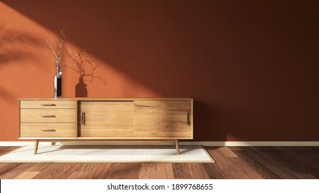 3d render image of a warm red brick wall in the living room which has a wooden media cabinet and morning sun light shine through the window. Nobody, Minimal design, Contemporary, Pantone, Background.