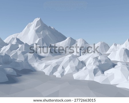 3D render of low poly geometric mountain landscape with snow and shadows.