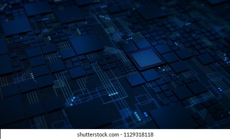 3D Render of a macro view of a Futuristic Electronic Circuit Board with Microchips and Processors. Technology Background concept.