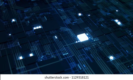 3D Render of a macro view of a Futuristic Electronic Circuit Board with Microchips and Processors. Technology Background concept.