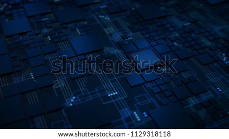 3D Render of a macro view of a Futuristic Electronic Circuit Board with Microchips and Processors. Technology Background concept.
