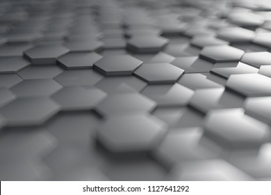 3d render metal hexagon pattern appears on different height. Closeup view. Sharp corner.