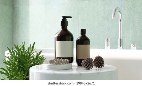 3D Render Mock Up, A Set Of Aroma Spa Products Container, Essentials Oil And Cleanser With A  Natural Wooden Body Brush Beside A White Bath Tub In The Bath Room. Background, Blank Label, Mock Up.