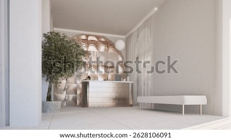 3D render of a modern reception area with a metallic front desk, abstract textured wall, potted tree, and minimalist bench. Elegant interior design with soft light and neutral tones.