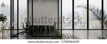 3d render Modern white open space office interior with skyscraper.
