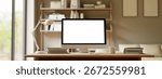 3D render of modern workspace with desktop computer on wooden desk