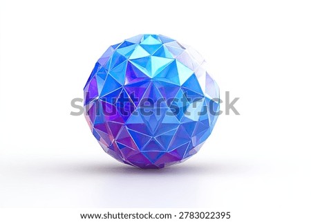 A 3D render of a multifaceted geometric sphere, resembling a crystal or disco ball, with vibrant blue and purple lighting effects against a clean white background.
