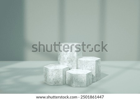 3d render, natural hexagon podium concept, mockup, template, stone podium display in wall shadow background. Scene for product display. Realistic podium Illustration. 