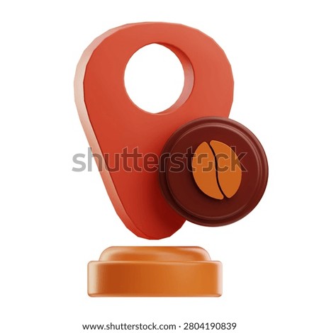 3D render of an orange location pin with a circular badge featuring a coffee bean icon, standing on a rounded base. Suitable for coffee shop or cafe location concepts.