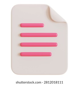 3D render of a pink text document file icon, digital page archive interface and office note navigation button concept illustration.