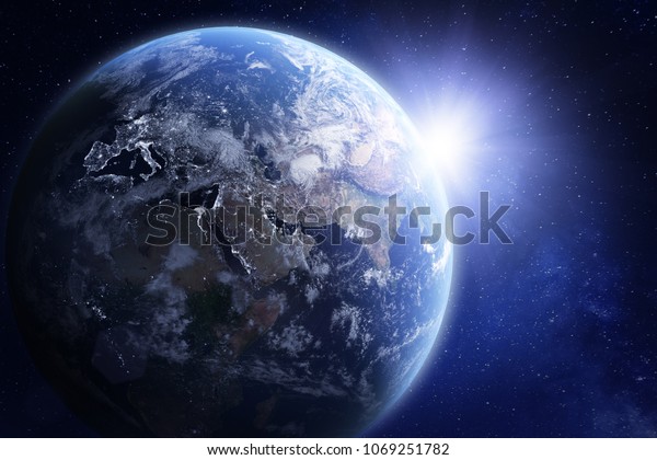 宇宙から見た地球の3dレンダリングで ヨーロッパの夜光と太陽がアジアの上を照らします 青の色相処理 Nasaのエレメント の写真素材 今すぐ編集