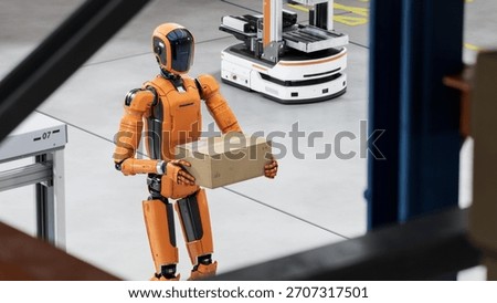 3D Render: Portrait of Autonomous AI-Enabled General Purpose Humanoid Robot Working at Distribution Center. Automated Fulfillment Center or Warehouse. Industrial Automation by Artificial Intelligence