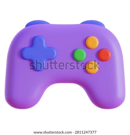3D render of a purple wireless video game controller gamepad, modern console esports joypad and electronic gaming hardware concept illustration.