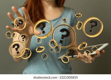 A 3d render of question marks with blurred background