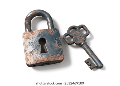 A 3D render of a rusty padlock with a keyhole, isolated on a white background
