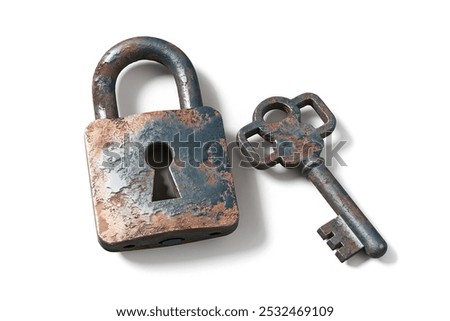 A 3D render of a rusty padlock with a keyhole, isolated on a white background