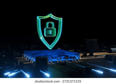 A 3D render of a secure microprocessor on a motherboard. The translucent shield symbol represents advanced encryption, hardware security, and protection against cyber threats in a digital age.