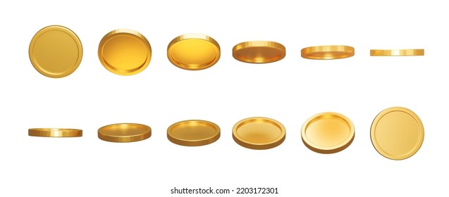 Representación 3D. Conjunto de monedas de oro aisladas en segundo plano en distintas posiciones. Ilustración bancaria o financiera