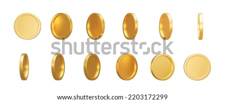 3D Render. Set of gold coins isolated on background in different positions. Bank or financial illustration