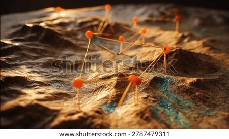 A 3D render showing interconnected nodes on a textured, mountainous landscape, symbolizing data flow or communication.