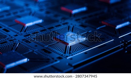 3D Render: Silicon Dies Attached to Substrate on During Computer Chip Manufacturing at a Fab. Microchip Production Process at a Semiconductor Factory.