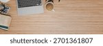 3D render Simple Top view table - Creative flat lay wood office desk..