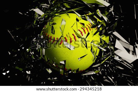 a 3d render of a softball breaking glass against a black background