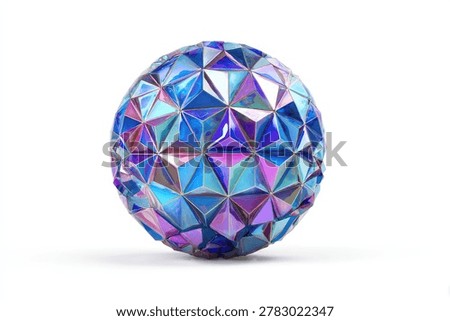 A 3D render of a spherical object composed of numerous geometric facets, reflecting iridescent blue and purple light.
