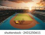 3D render of sport stadium filled with spectators, workers showcasing an athletic track and field. Open air game during sunset. Concept of sport, competition, live match, tournament