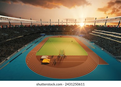 3D render of sport stadium filled with spectators, workers showcasing an athletic track and field. Open air game during sunset. Concept of sport, competition, live match, tournament - Powered by Shutterstock