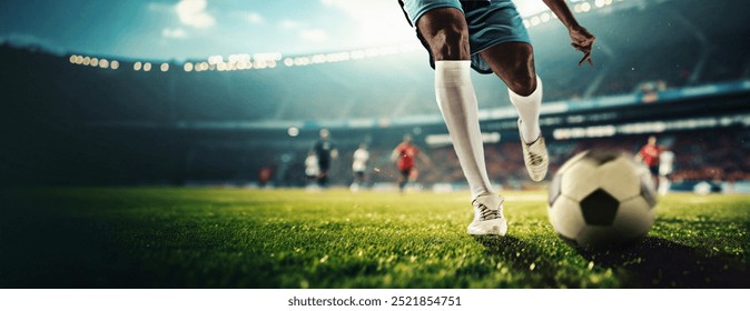 3D render of stadium. Cropped image of male soccer player legs in motion, in blue and white racing toward ball, under bright stadium lights. Concept of sport, tournament, game, event - Powered by Shutterstock