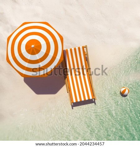 
3d render of striped white and orange beach umbrella, chair and ball on beach and sea background. Taking a break. Beach vacation