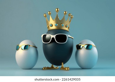 3d render style of a black egg wearing a gold crown with 2 of his egg bodyguard around