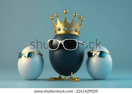3d render style of a black egg wearing a gold crown with 2 of his egg bodyguard around