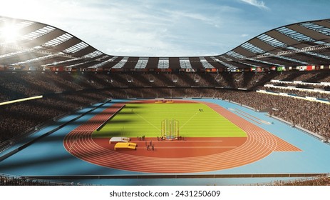 3D render of sunlit stadium filled with spectators, showcasing an athletic track and sports field. Day time open air game. Concept of sport, competition, live match, tournament - Powered by Shutterstock